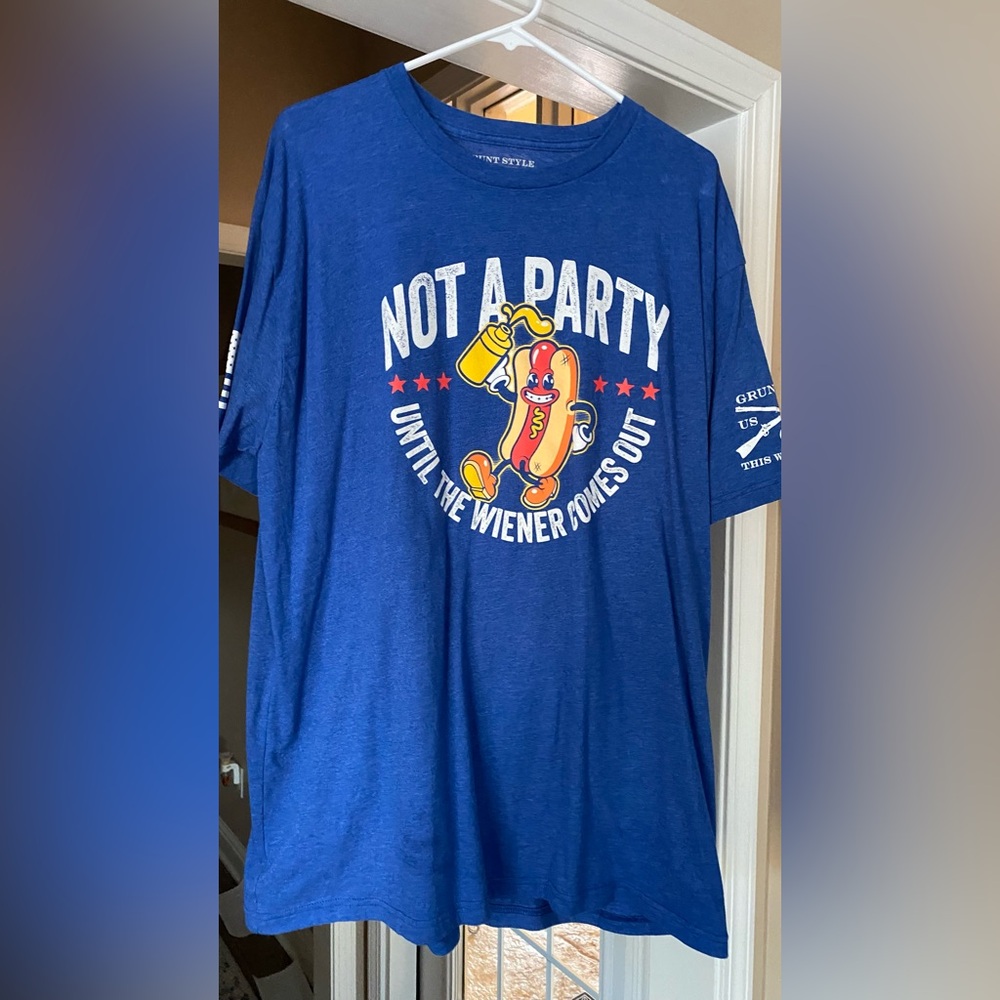 Grunt Style Blue T-Shirt with Hot Dog Graphic